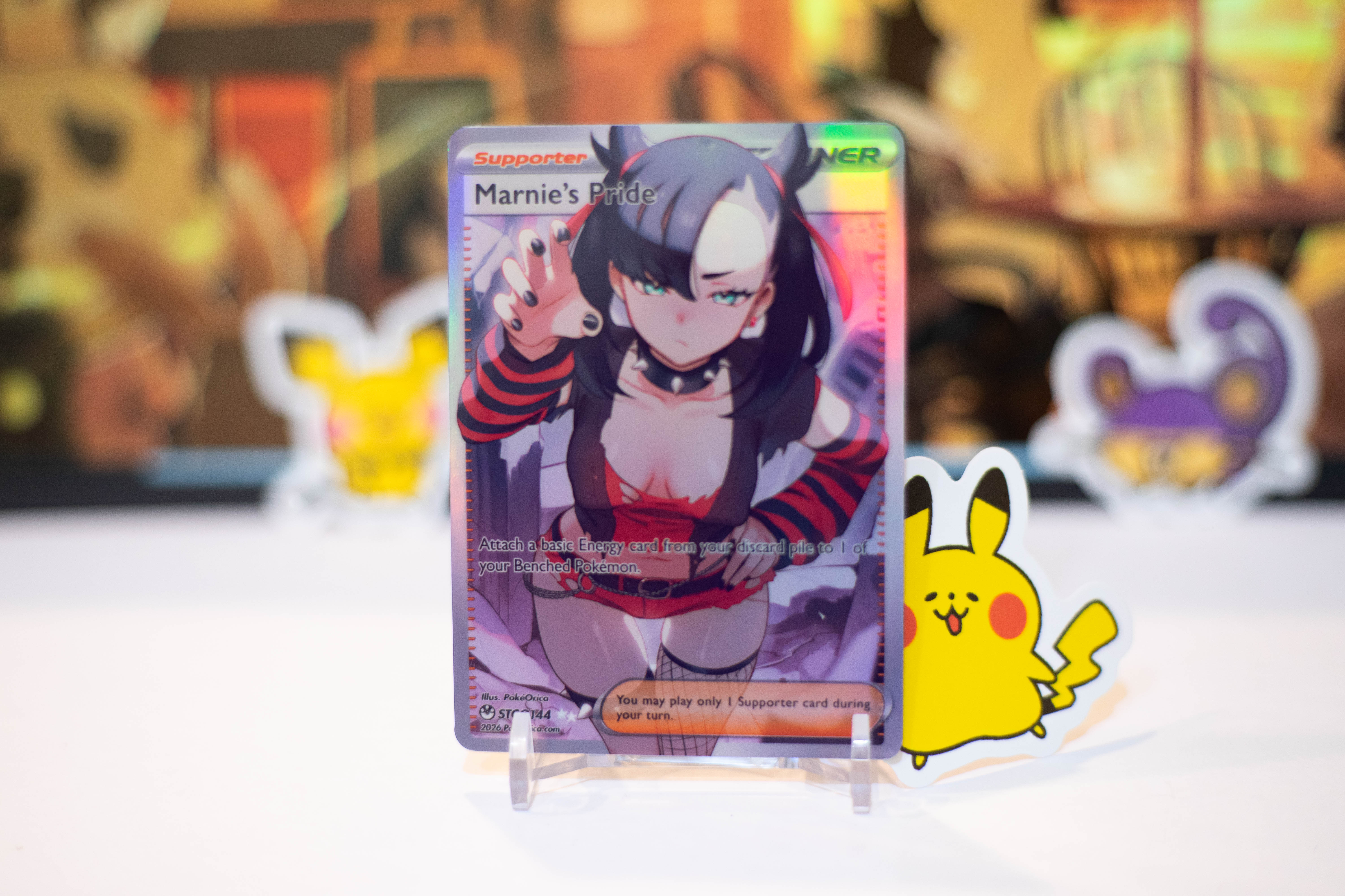 pokemon marnie cards Custom Holographic Full Art Marnie's Pride Card – PokeOricaSTCG